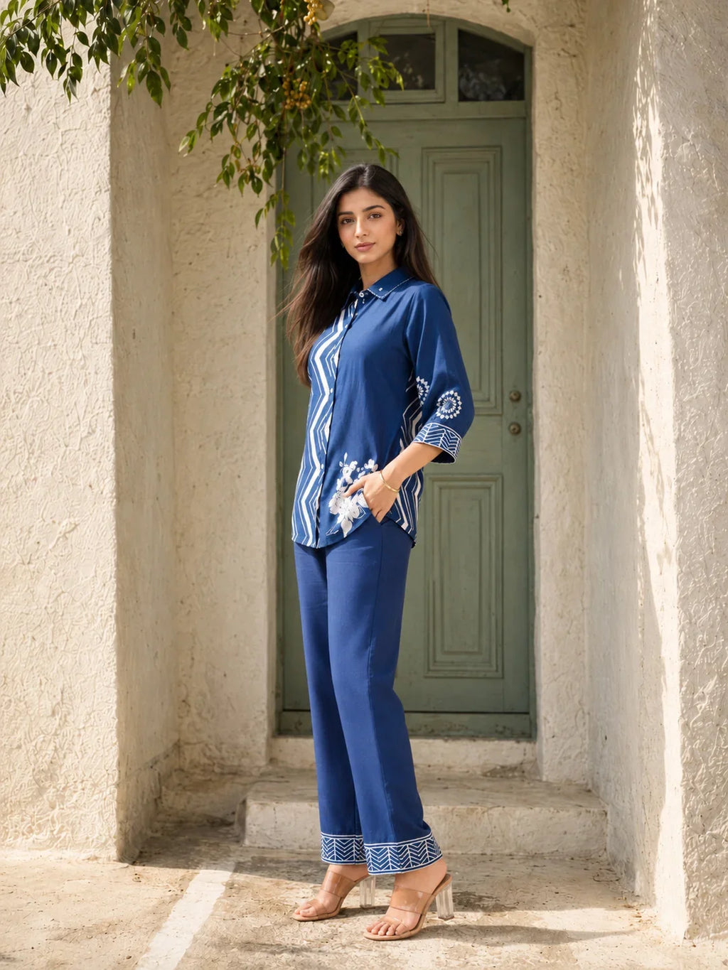 Navy Blue Zigzag Stripe Muslin Co-Ord Set