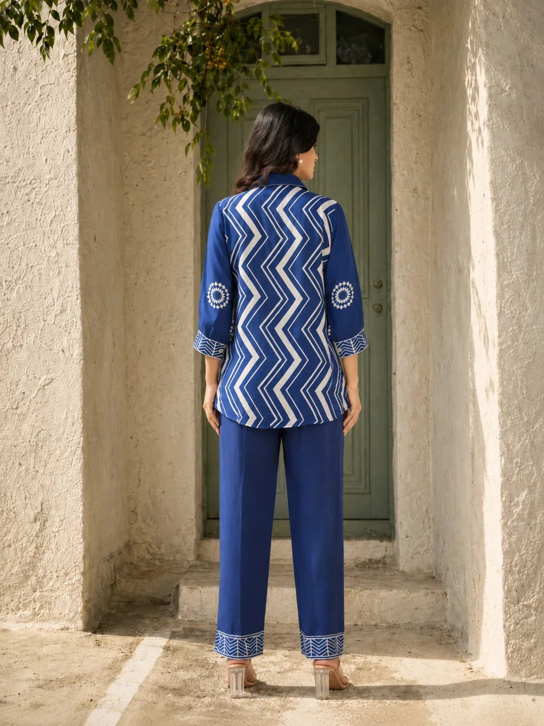 Navy Blue Zigzag Stripe Muslin Co-Ord Set