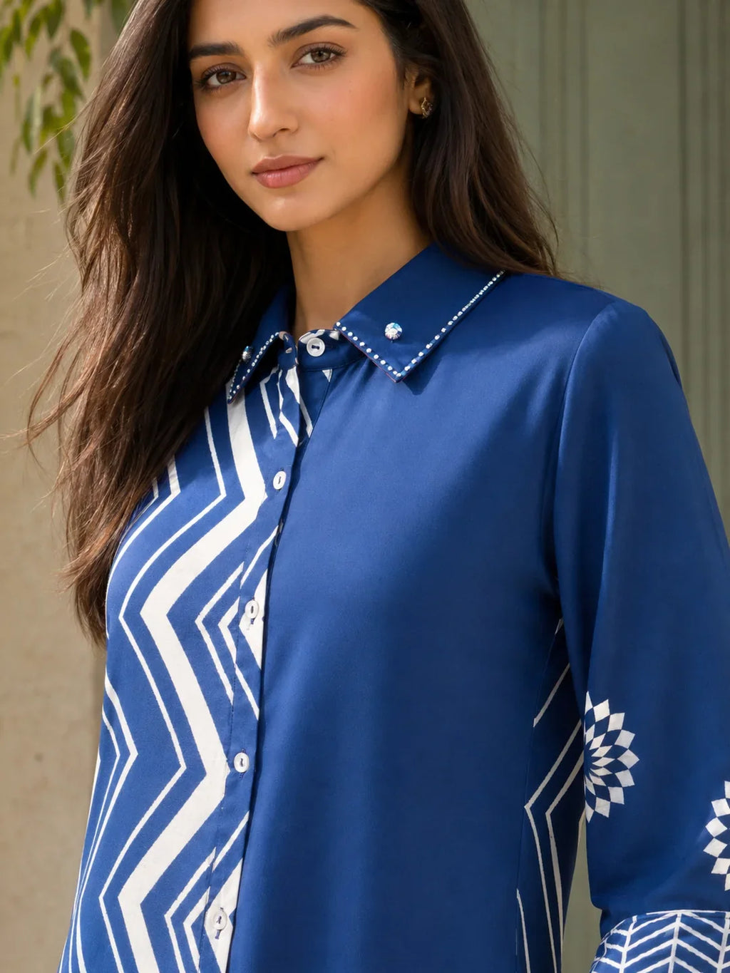 Navy Blue Zigzag Stripe Muslin Co-Ord Set