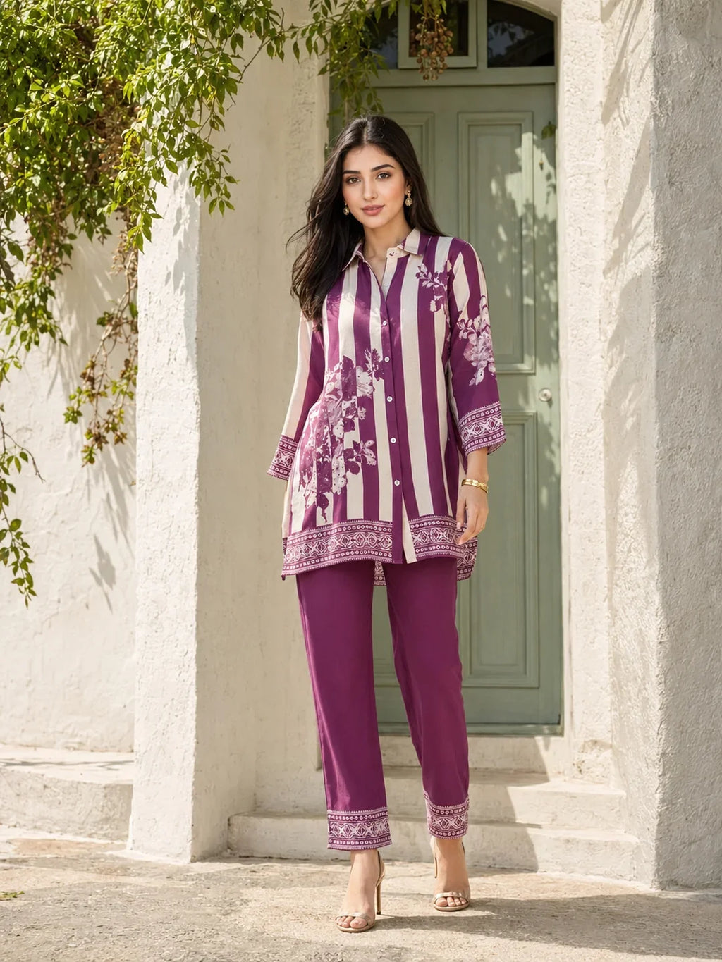 Violet & Cream Striped Floral Print Co-Ord Set in Muslin