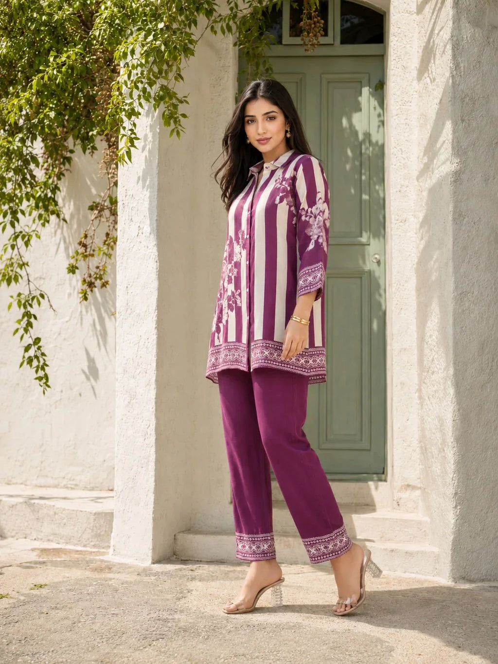 Violet & Cream Striped Floral Print Co-Ord Set in Muslin