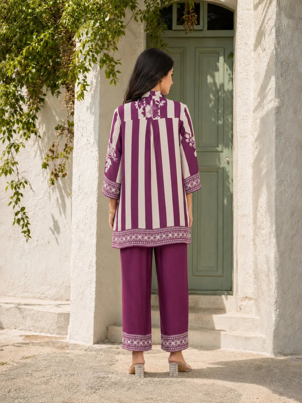 Violet & Cream Striped Floral Print Co-Ord Set in Muslin
