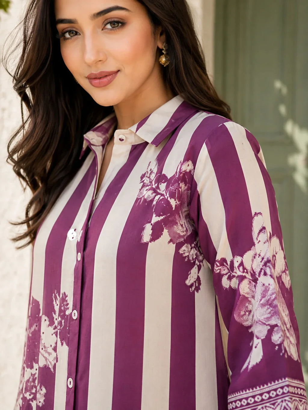 Violet & Cream Striped Floral Print Co-Ord Set in Muslin