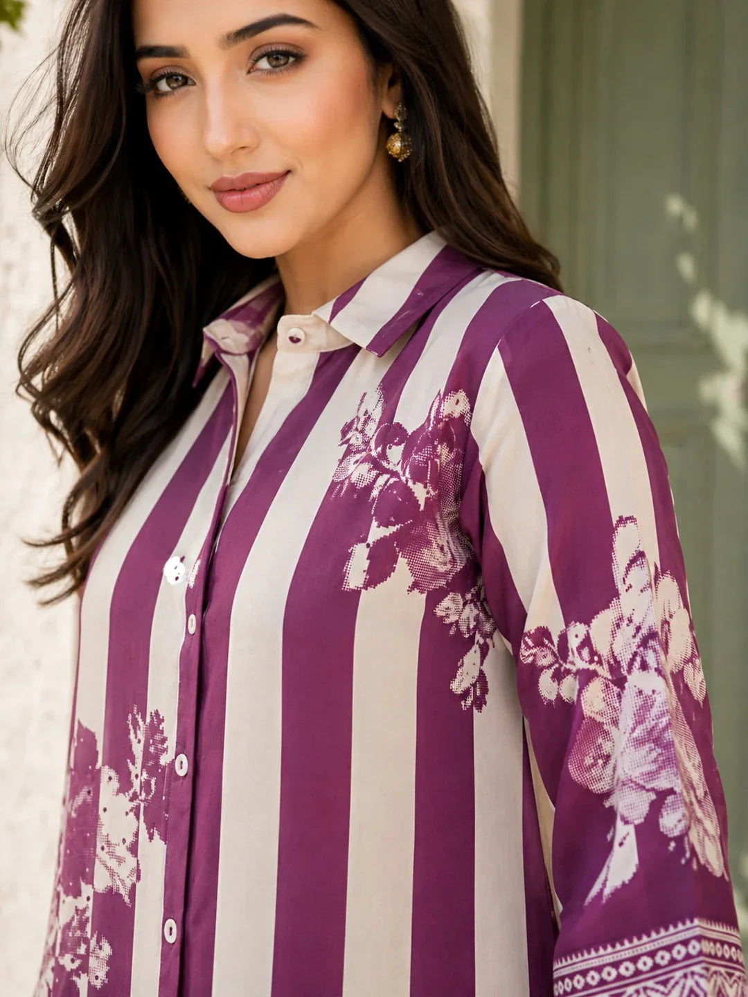 Violet & Cream Striped Floral Print Co-Ord Set in Muslin