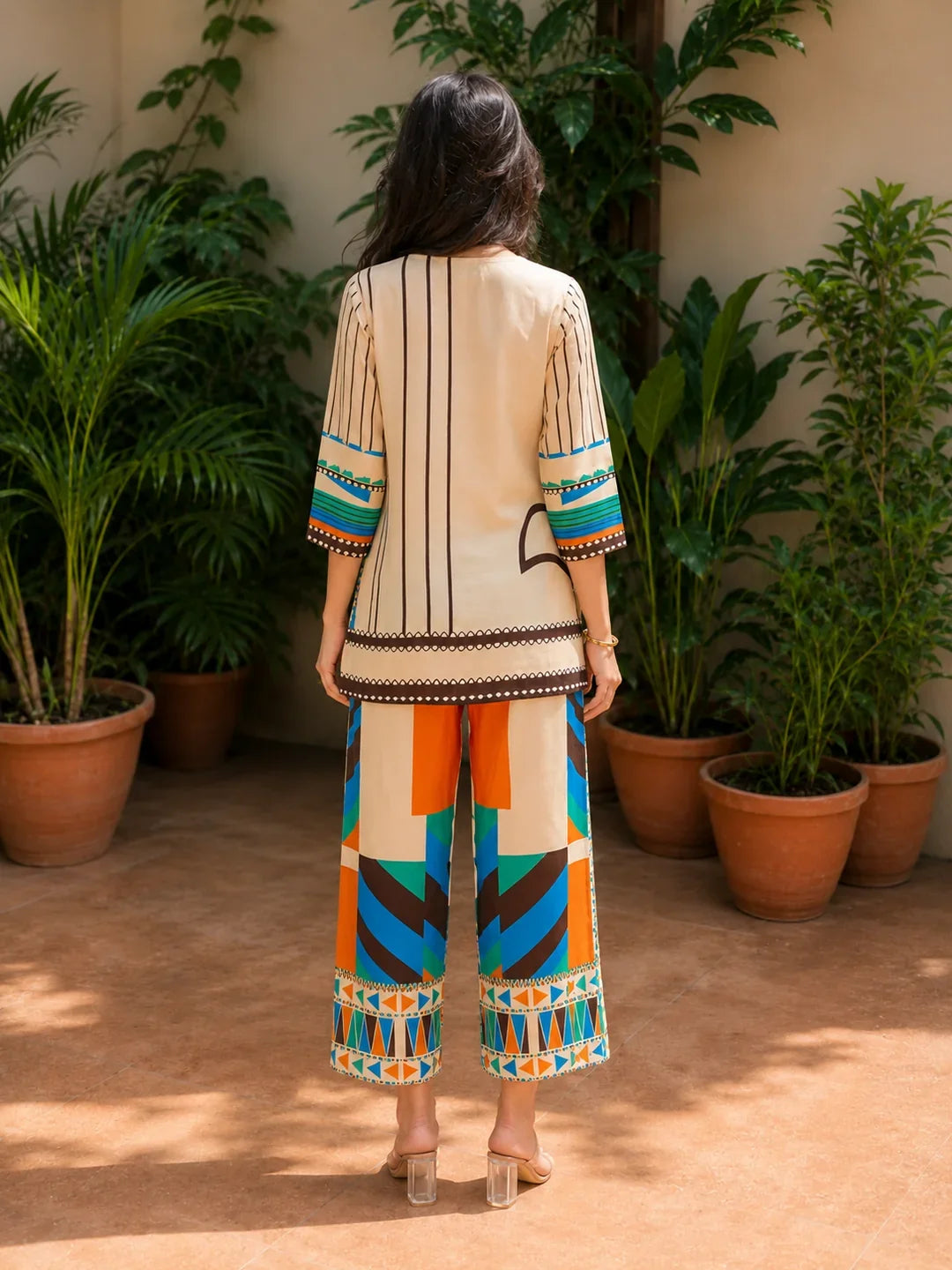 Cream Base Geometric Muslin Co-ord Set