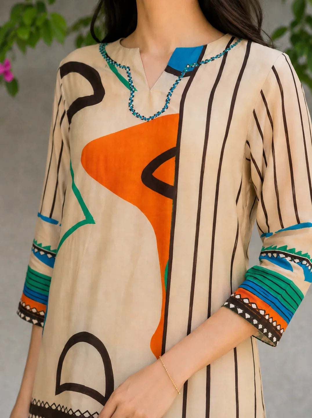 Cream Base Geometric Muslin Co-ord Set