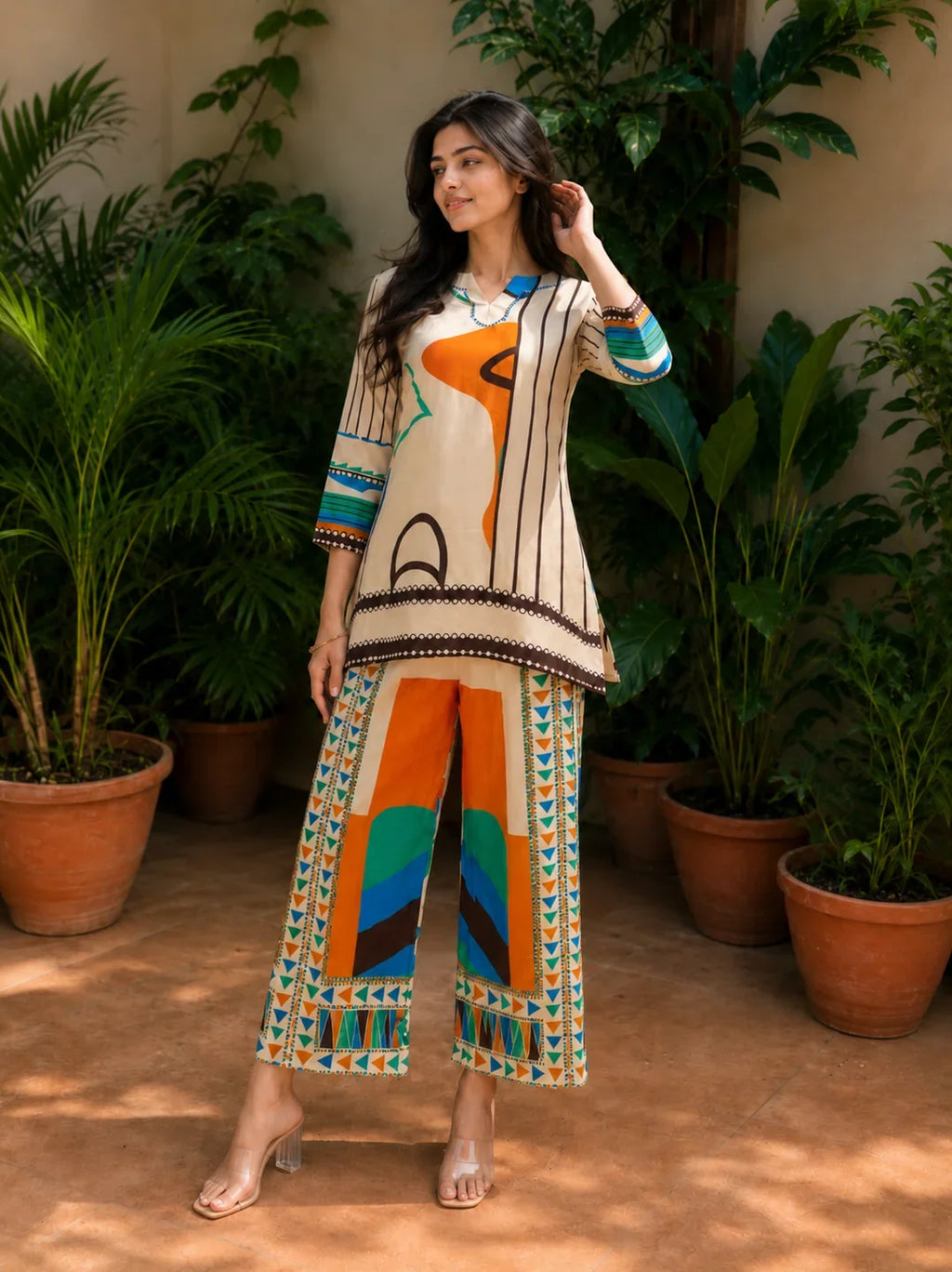 Cream Base Geometric Muslin Co-ord Set