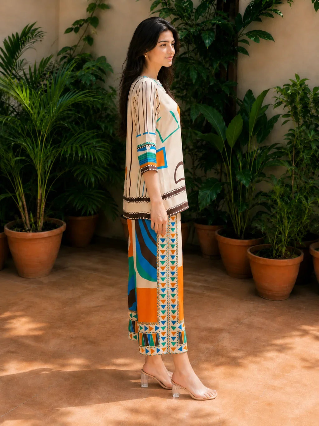 Cream Base Geometric Muslin Co-ord Set