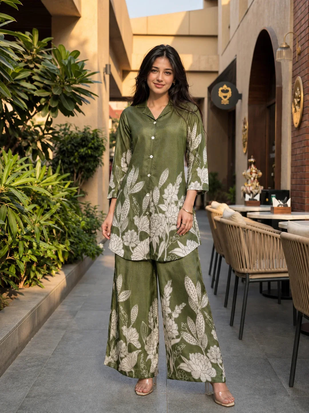 Olive Green Floral Printed Russian Silk Co-Ord Set with Shell Button Embellishments