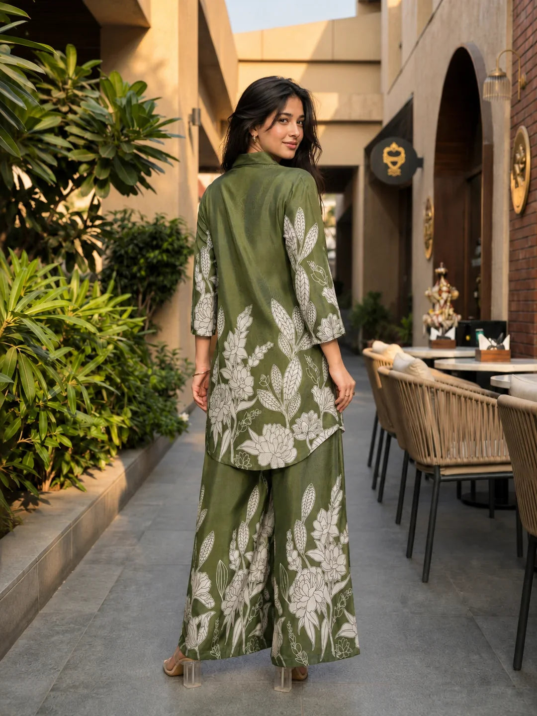 Olive Green Floral Printed Russian Silk Co-Ord Set with Shell Button Embellishments