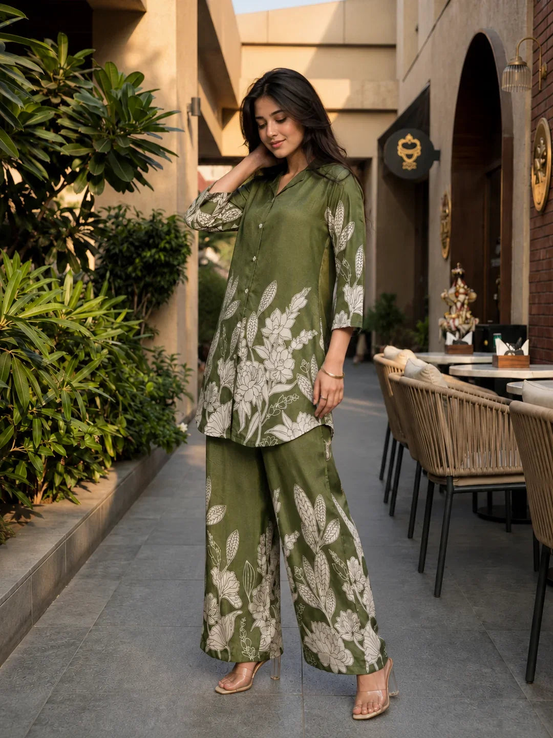Olive Green Floral Printed Russian Silk Co-Ord Set with Shell Button Embellishments