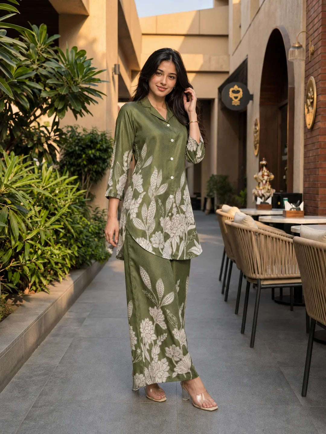 Olive Green Floral Printed Russian Silk Co-Ord Set with Shell Button Embellishments