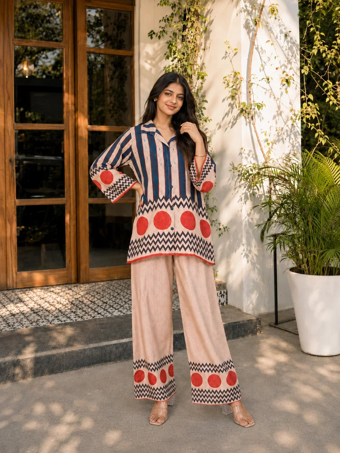 Multicolor Striped & Polka Dot Printed Muslin Co-Ord Set with Sequin Detailing