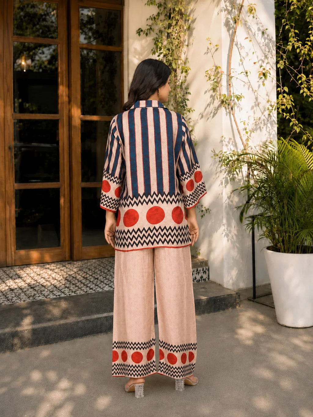 Multicolor Striped & Polka Dot Printed Muslin Co-Ord Set with Sequin Detailing