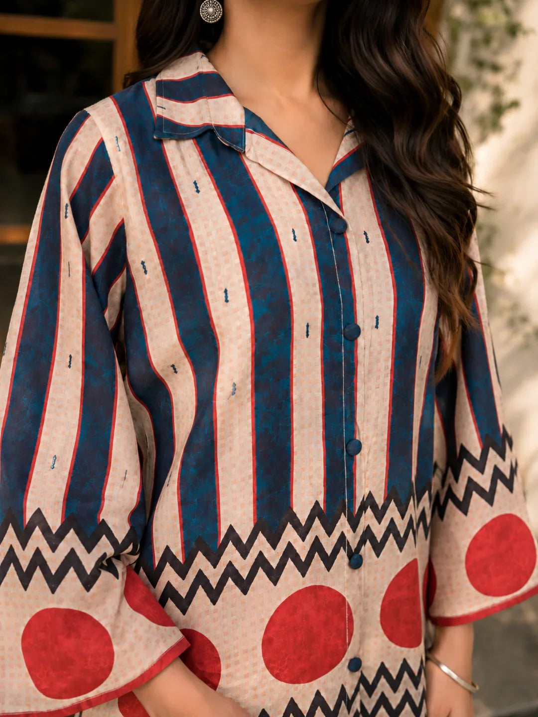 Multicolor Striped & Polka Dot Printed Muslin Co-Ord Set with Sequin Detailing
