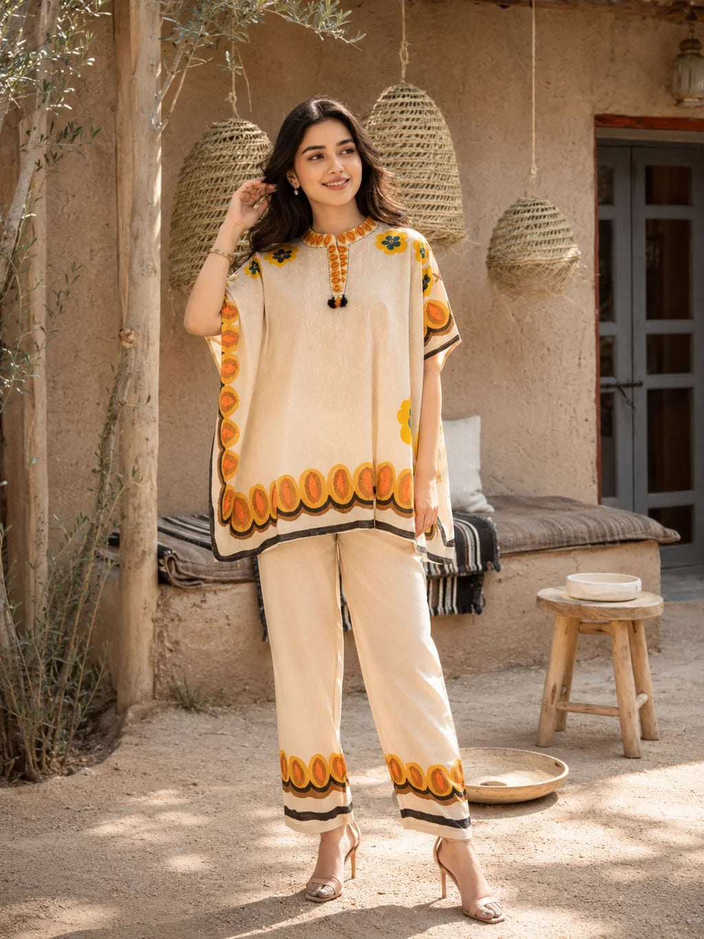 Hand-Painted Embroidered Cotton Kaftan Co-Ord Set with Tassel Detailing
