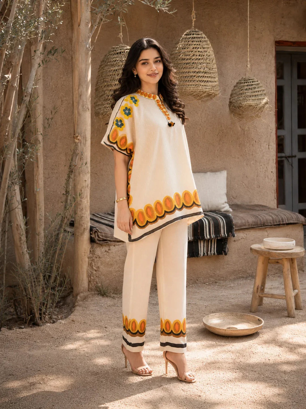 Hand-Painted Embroidered Cotton Kaftan Co-Ord Set with Tassel Detailing