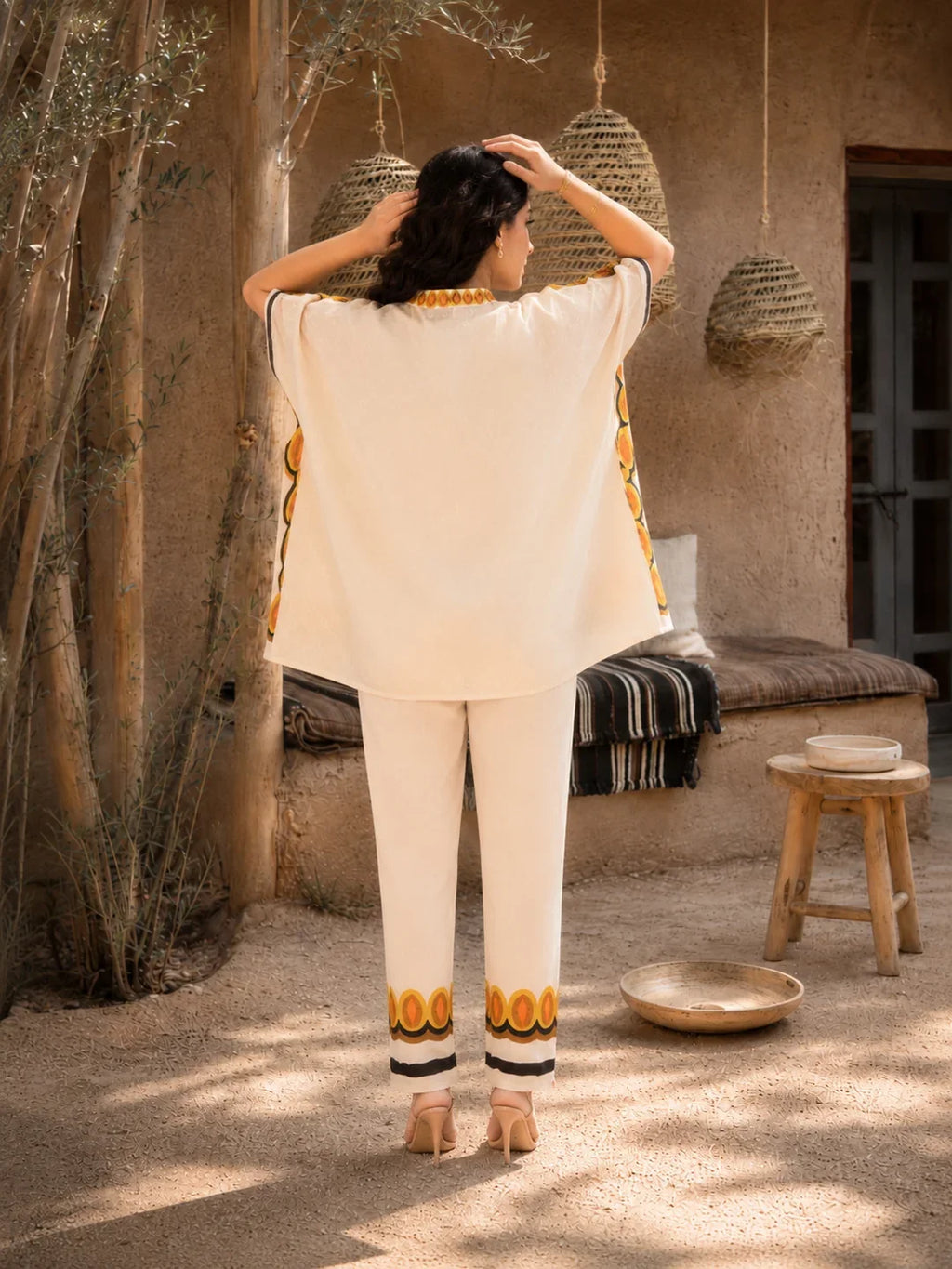 Hand-Painted Embroidered Cotton Kaftan Co-Ord Set with Tassel Detailing