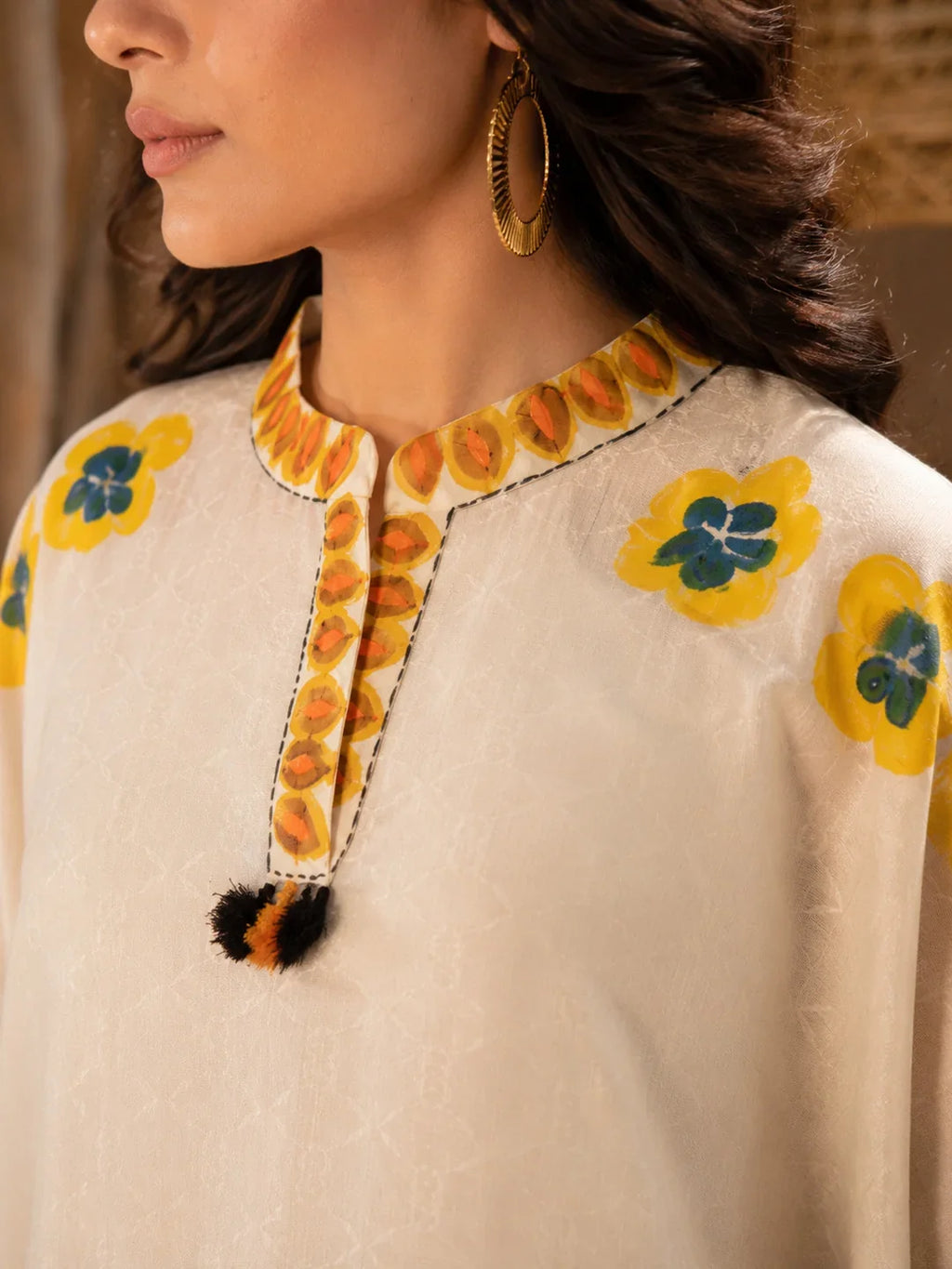Hand-Painted Embroidered Cotton Kaftan Co-Ord Set with Tassel Detailing