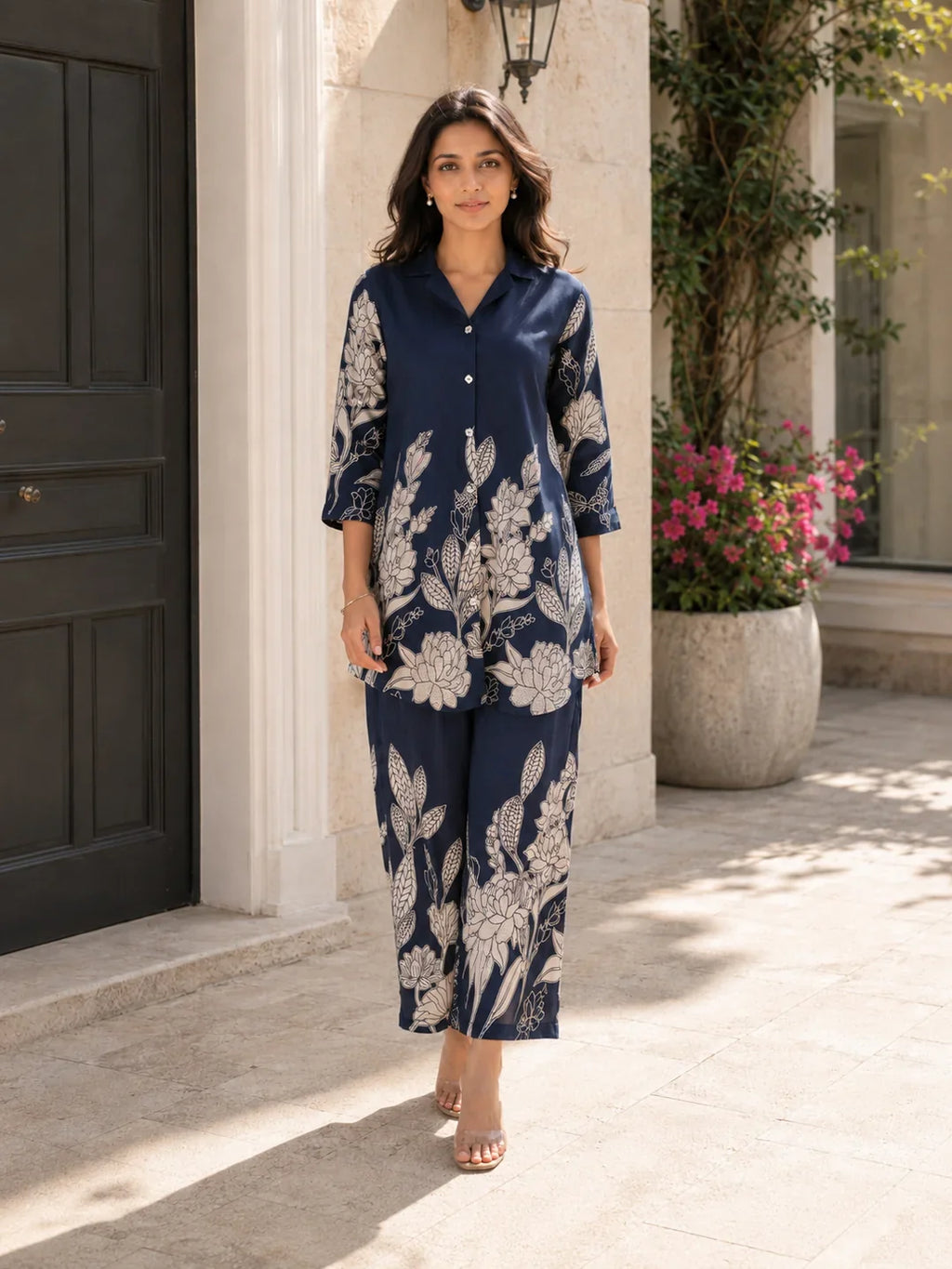 Royal Blue Floral Printed Russian Silk Co-Ord Set with Shell Button Embellishments