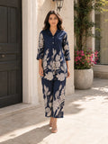 Royal Blue Floral Printed Russian Silk Co-Ord Set with Shell Button Embellishments