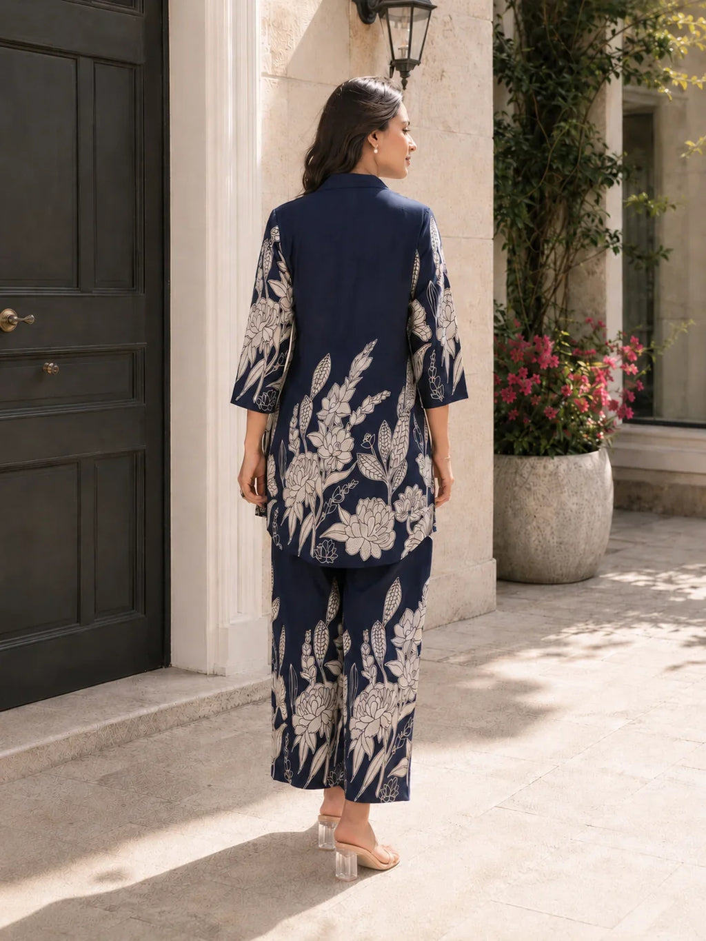 Royal Blue Floral Printed Russian Silk Co-Ord Set with Shell Button Embellishments