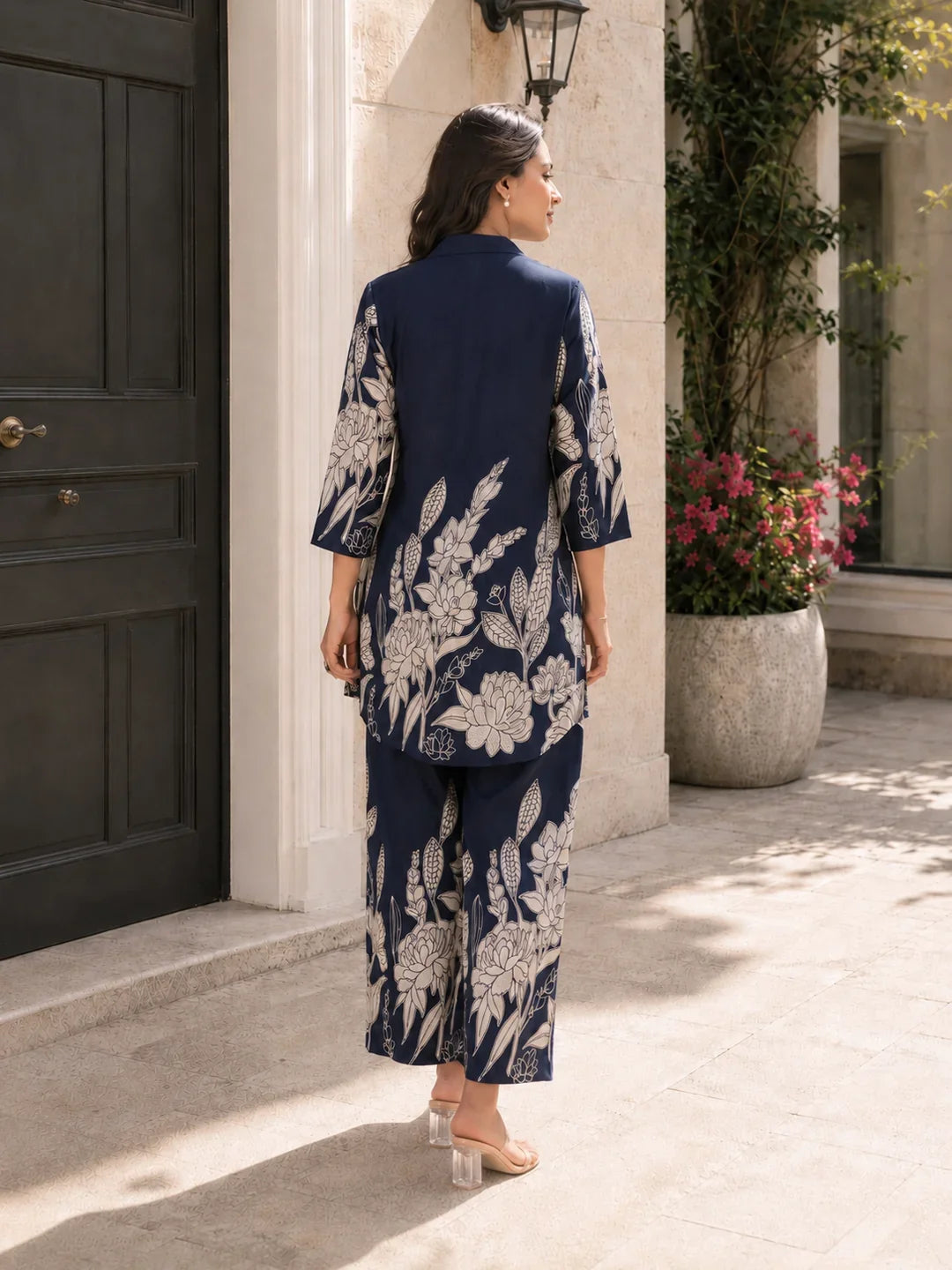 Royal Blue Floral Printed Russian Silk Co-Ord Set with Shell Button Embellishments
