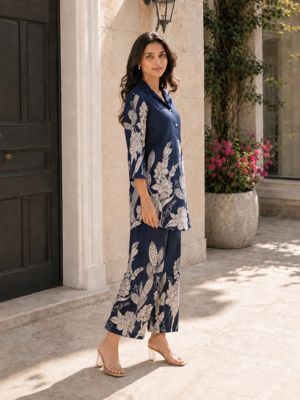 Royal Blue Floral Printed Russian Silk Co-Ord Set with Shell Button Embellishments