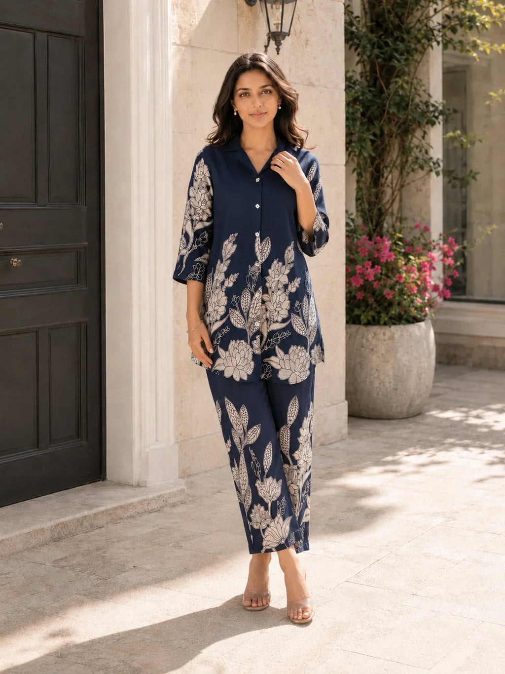 Royal Blue Floral Printed Russian Silk Co-Ord Set with Shell Button Embellishments