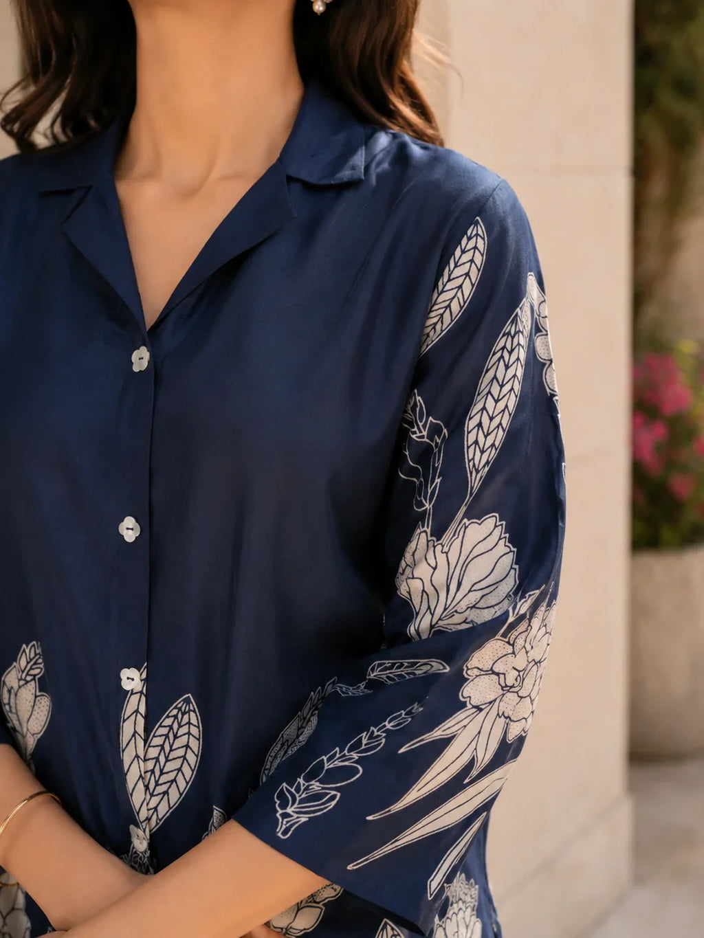 Royal Blue Floral Printed Russian Silk Co-Ord Set with Shell Button Embellishments