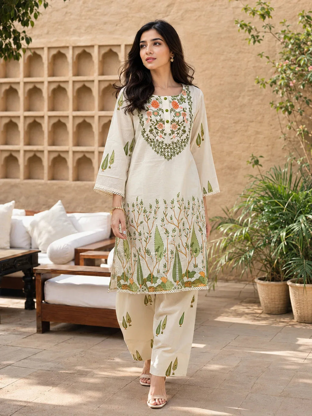 Cream Printed Cotton Farsi Coord Set