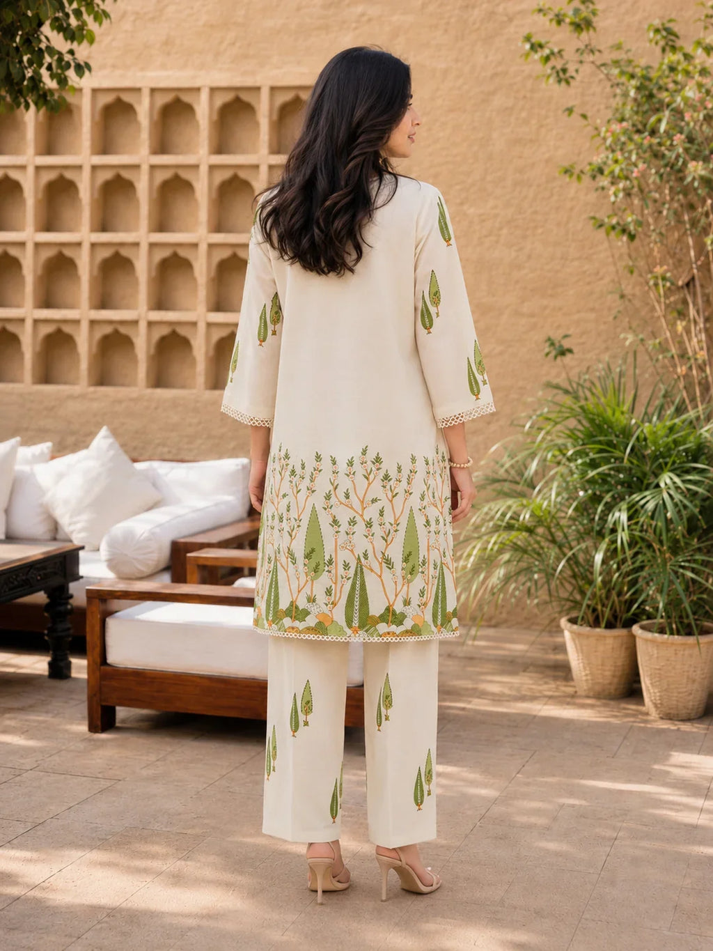 Cream Printed Cotton Farsi Coord Set