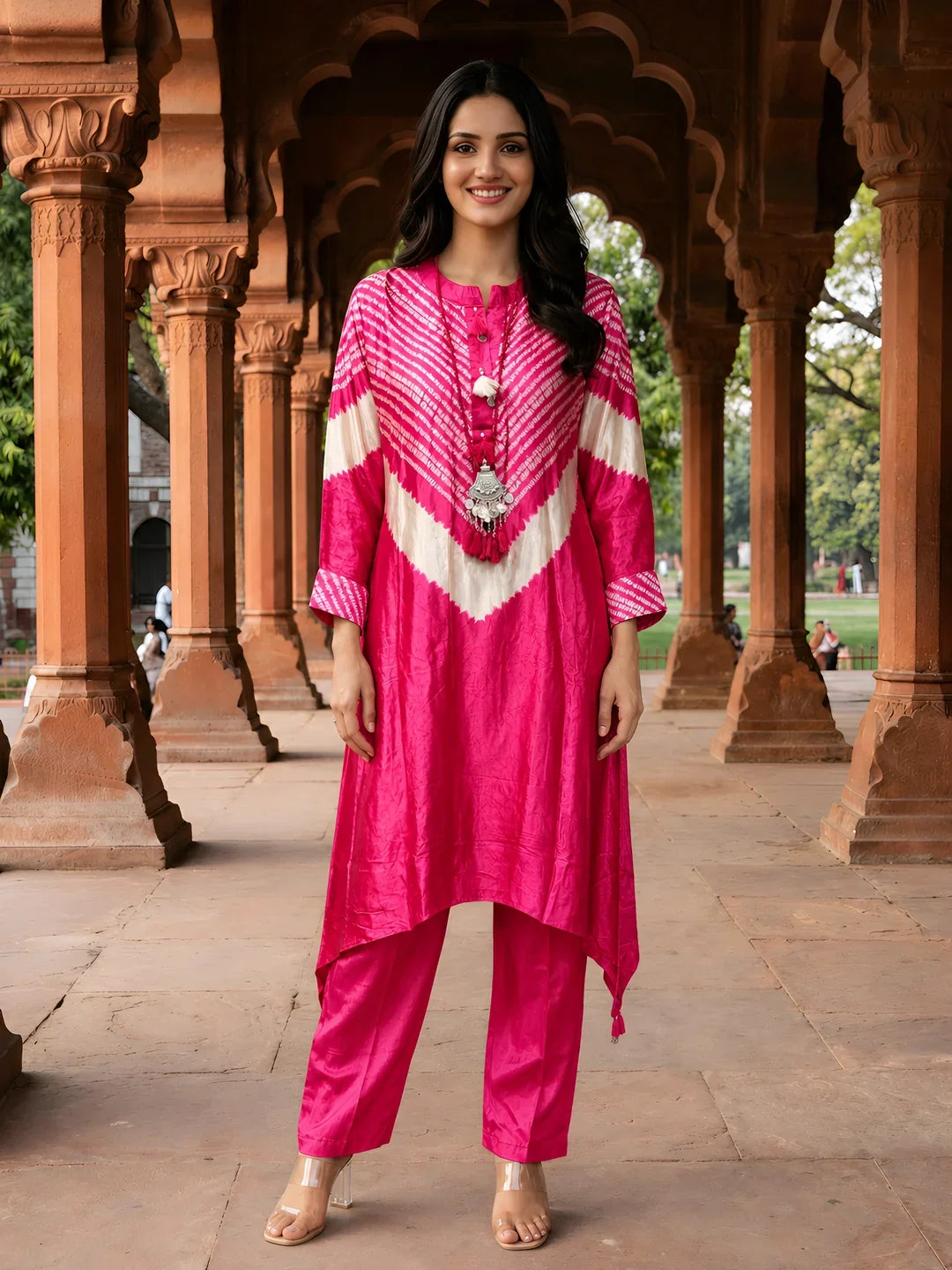 Hot Pink Tie-Dye Kurta Co-ord Set in Viscose