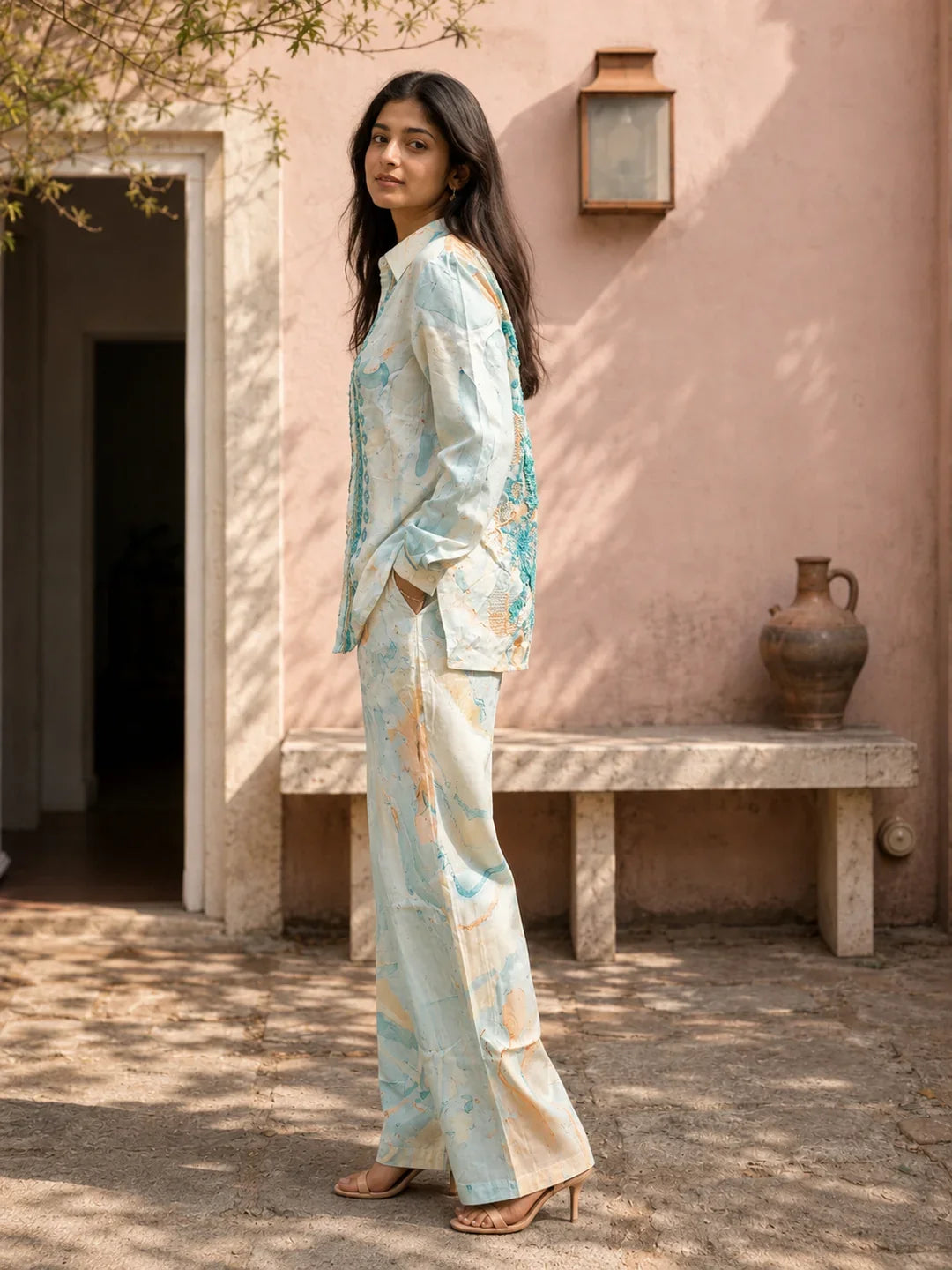 Turquoise Color Embroidered Muslin Co-Ord Set