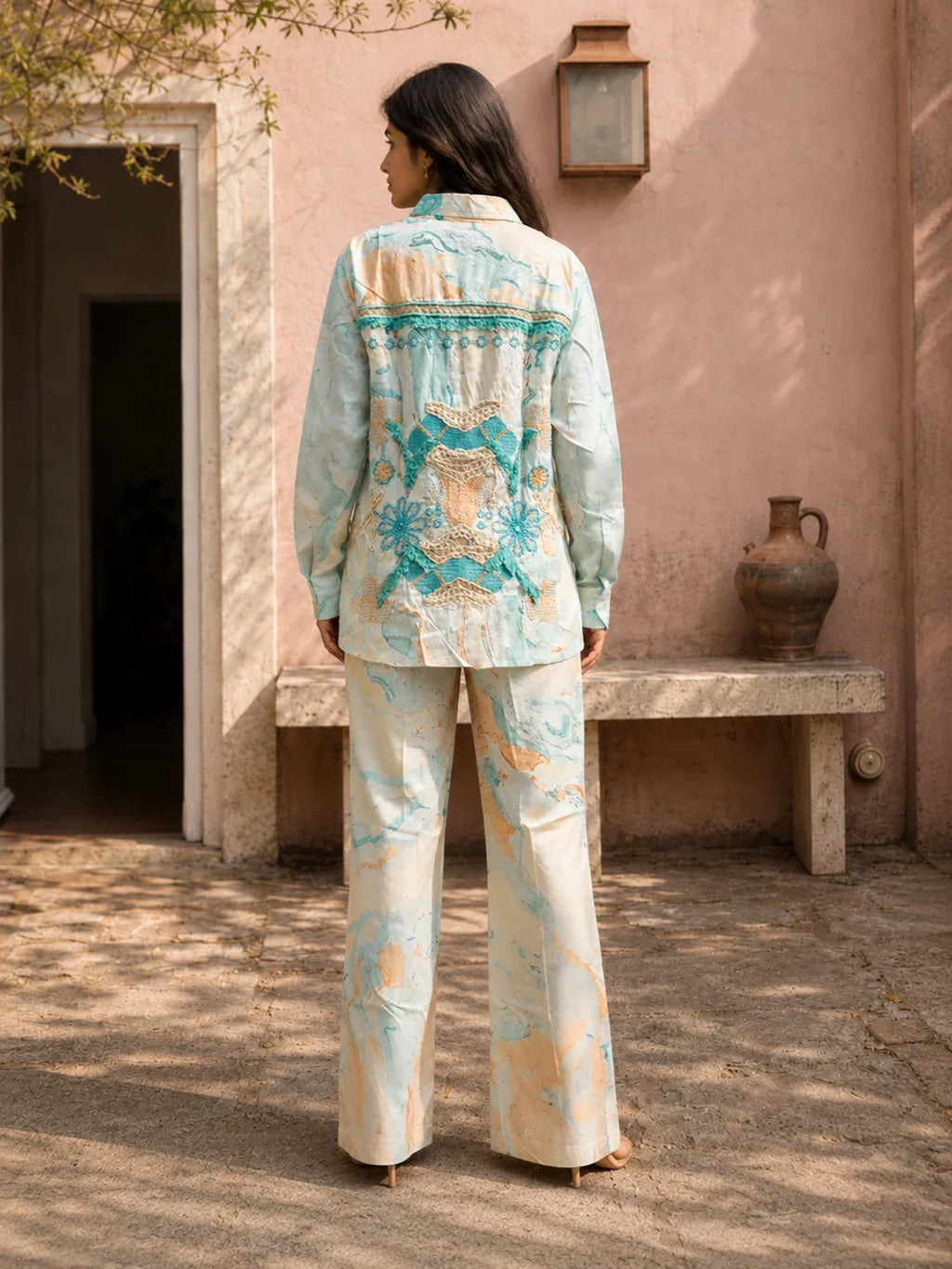 Turquoise Color Embroidered Muslin Co-Ord Set
