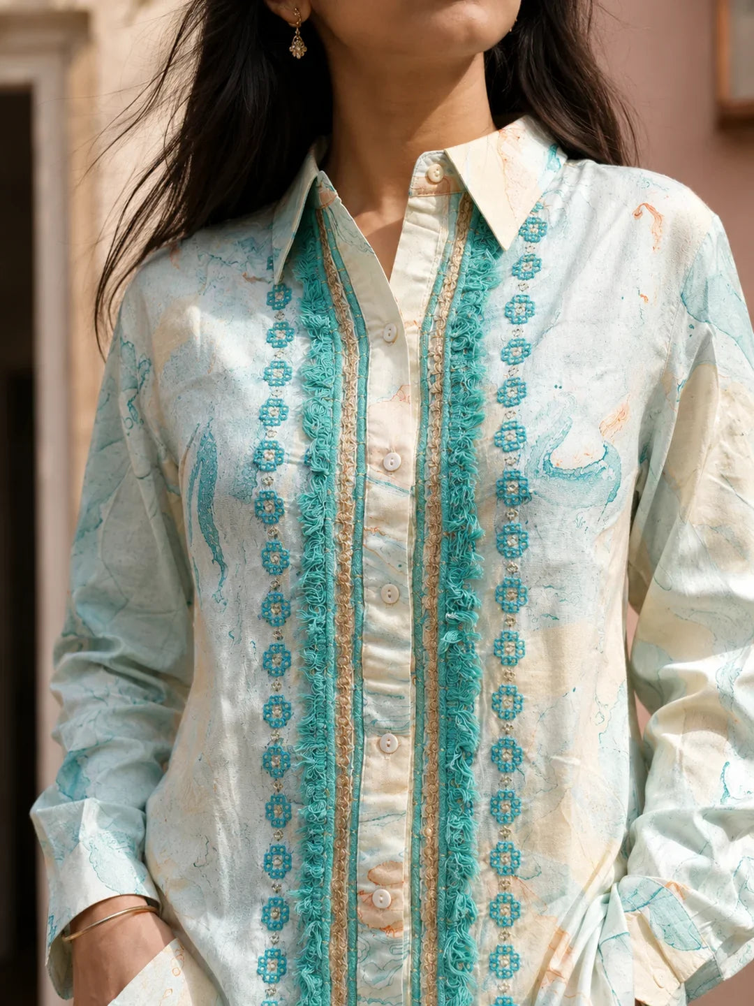 Turquoise Color Embroidered Muslin Co-Ord Set