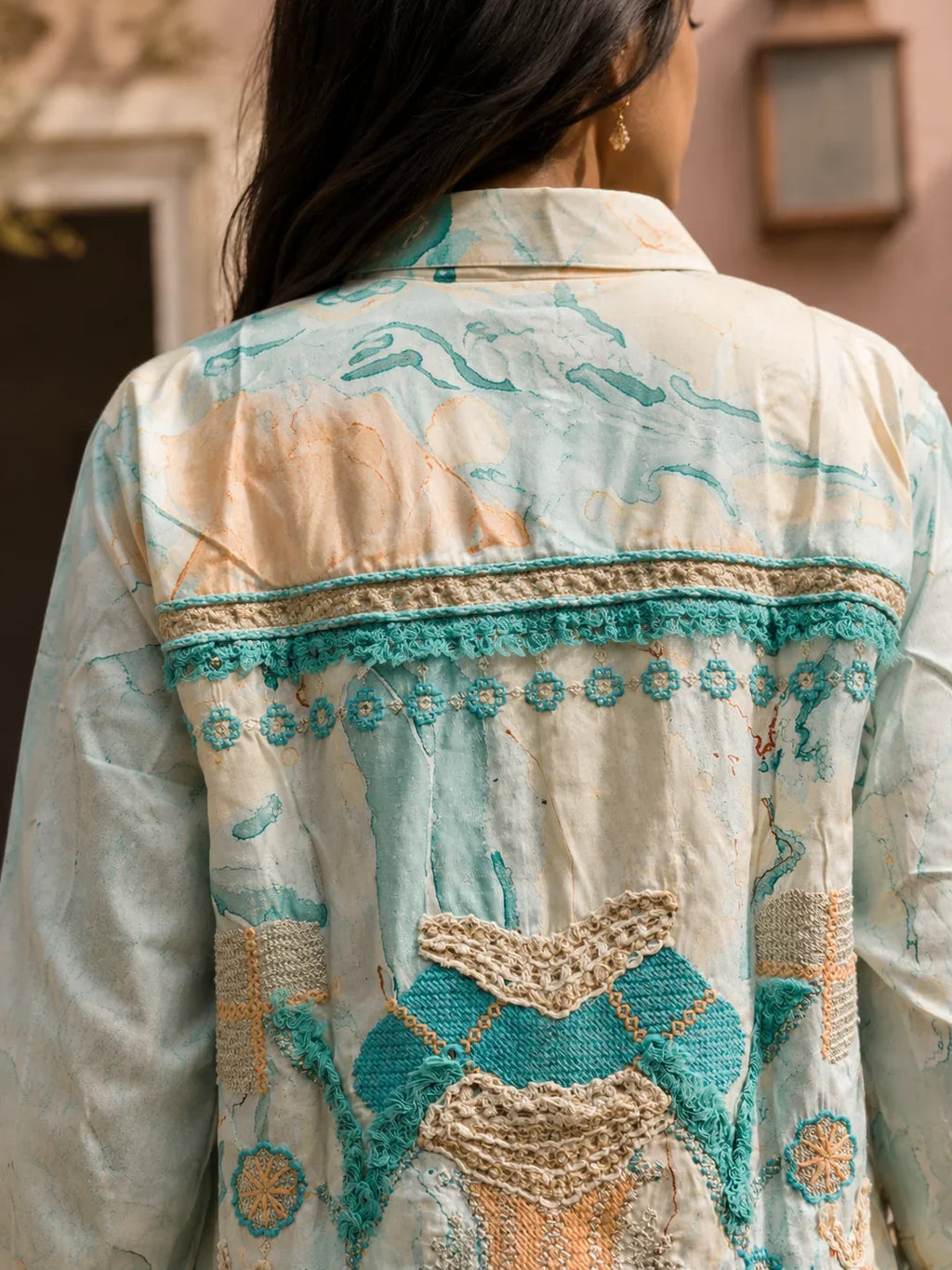 Turquoise Color Embroidered Muslin Co-Ord Set