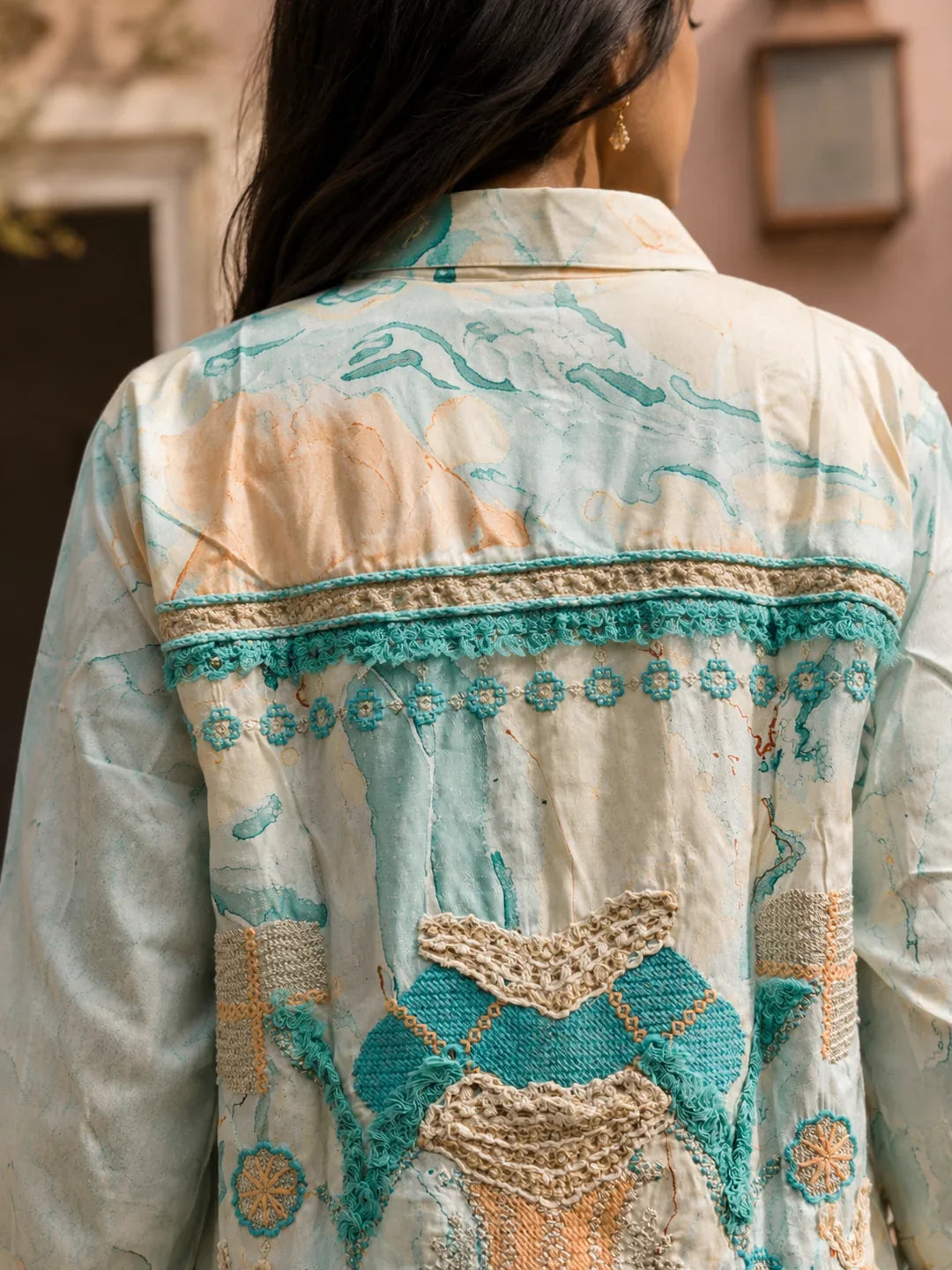Turquoise Color Embroidered Muslin Co-Ord Set