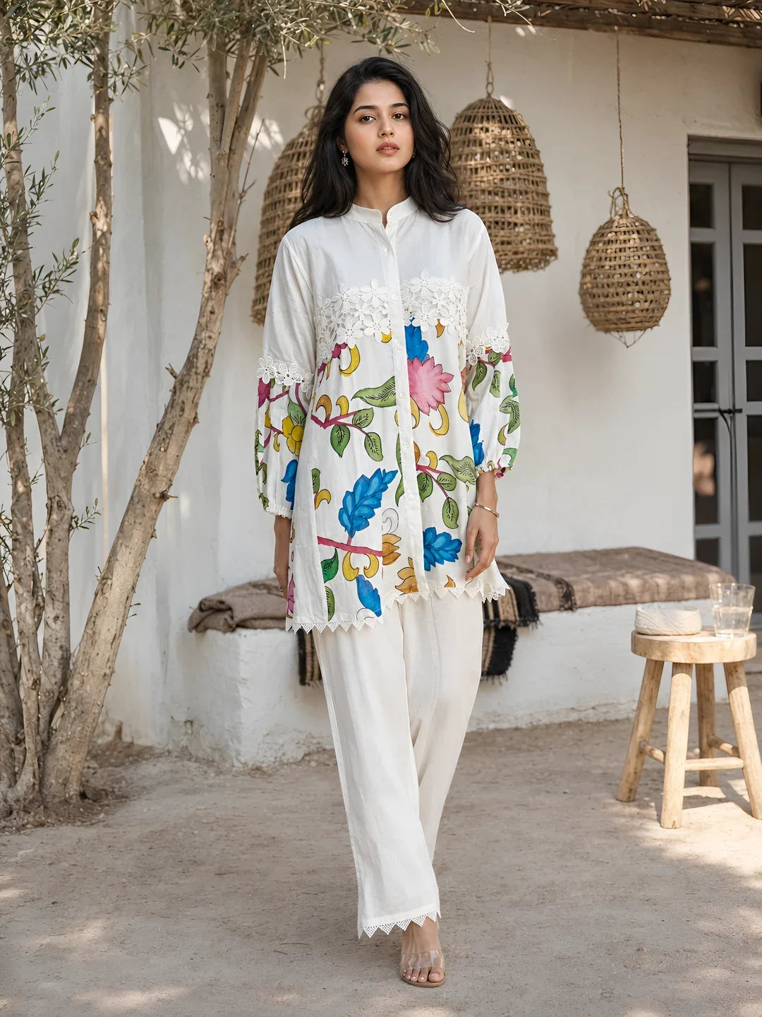Cream Kalamkari Printed Muslin Co-ord Set