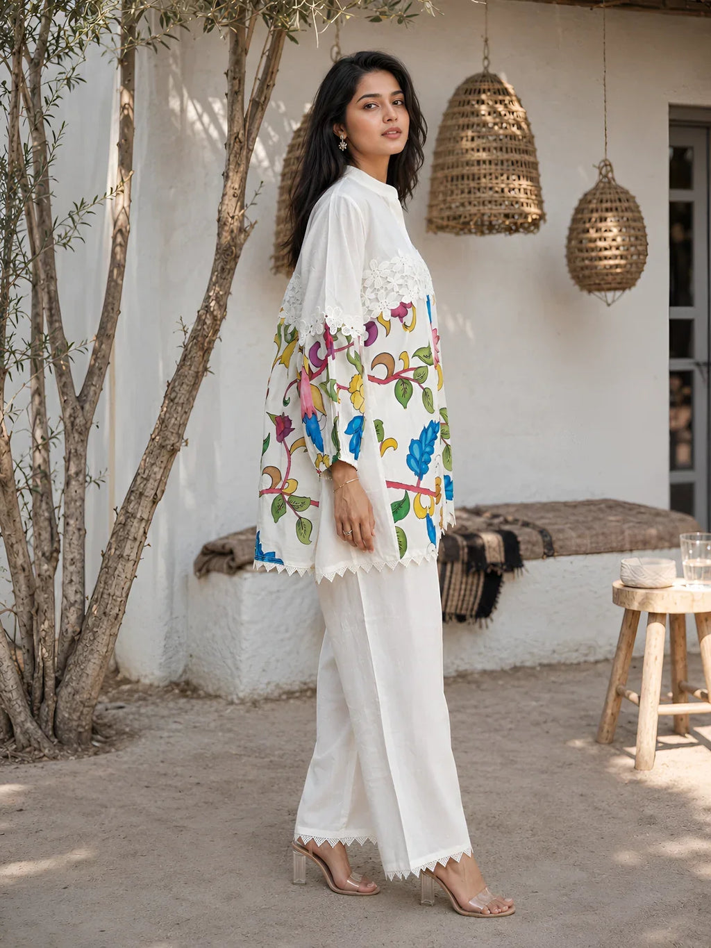 Cream Kalamkari Printed Muslin Co-ord Set