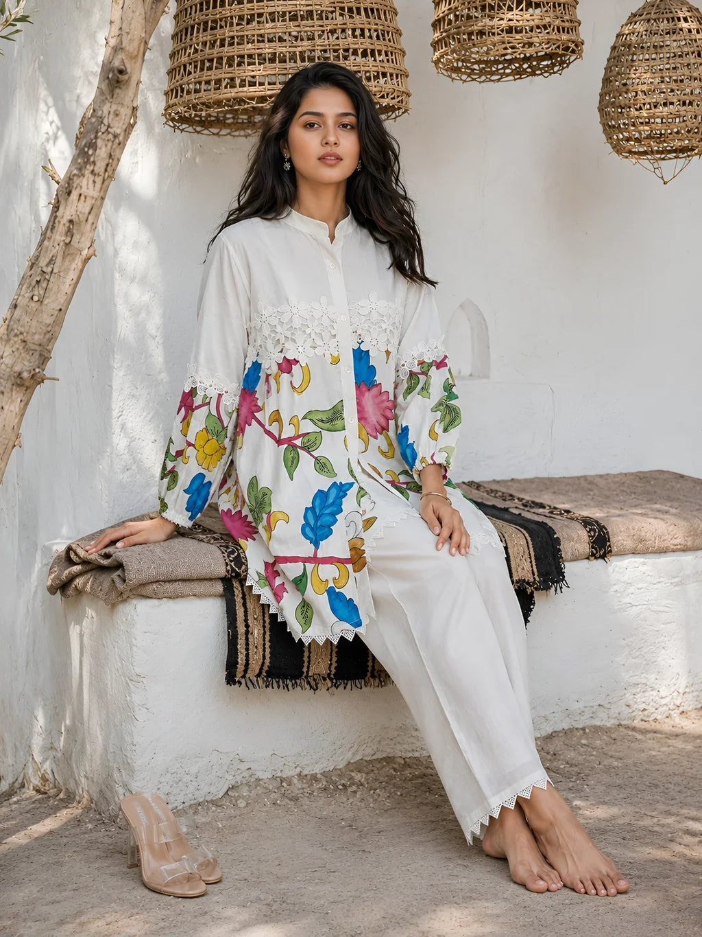 Cream Kalamkari Printed Muslin Co-ord Set