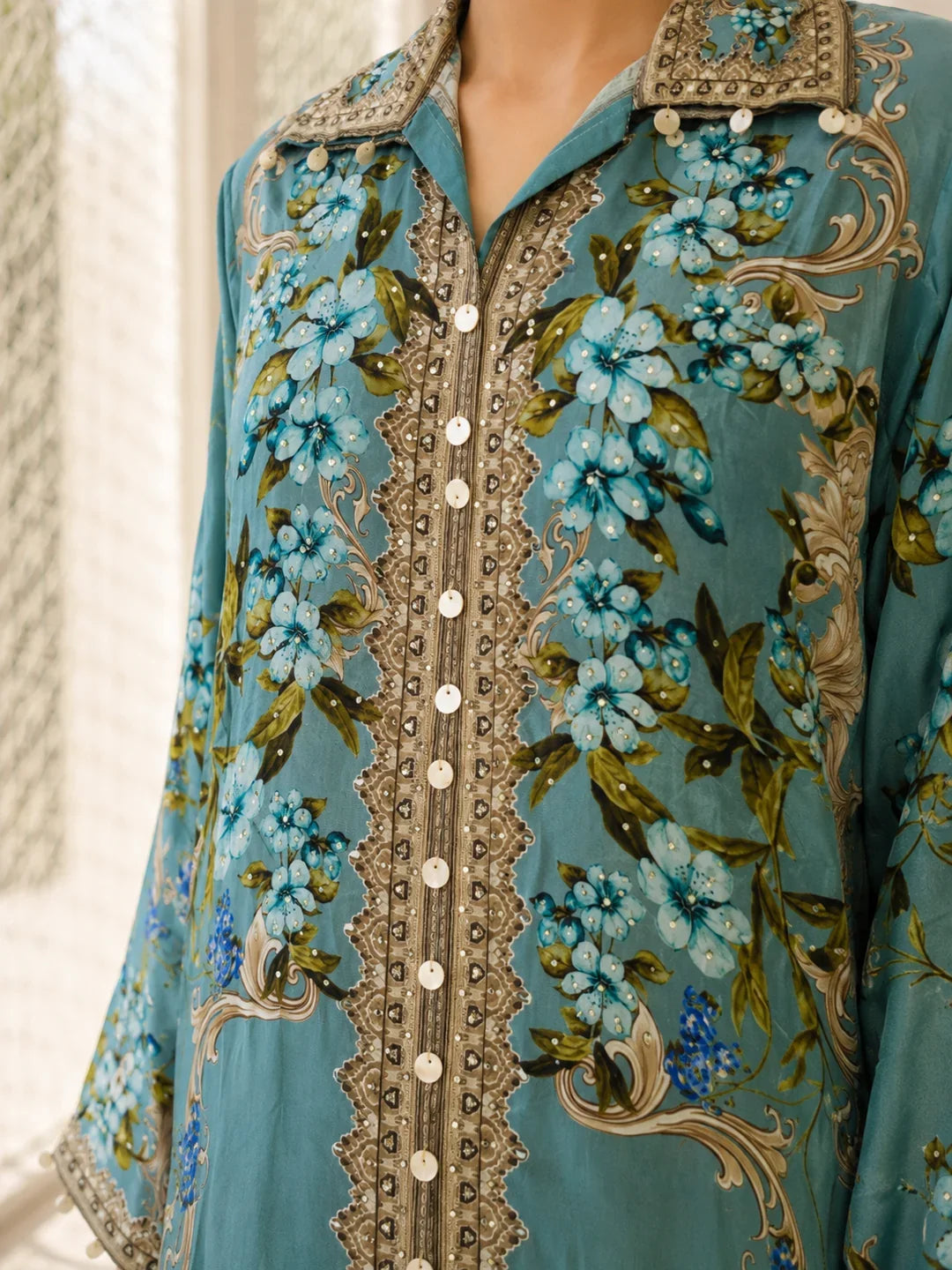 Sea Blue 3-Piece Embroidered Co-Ord Set in Crepe