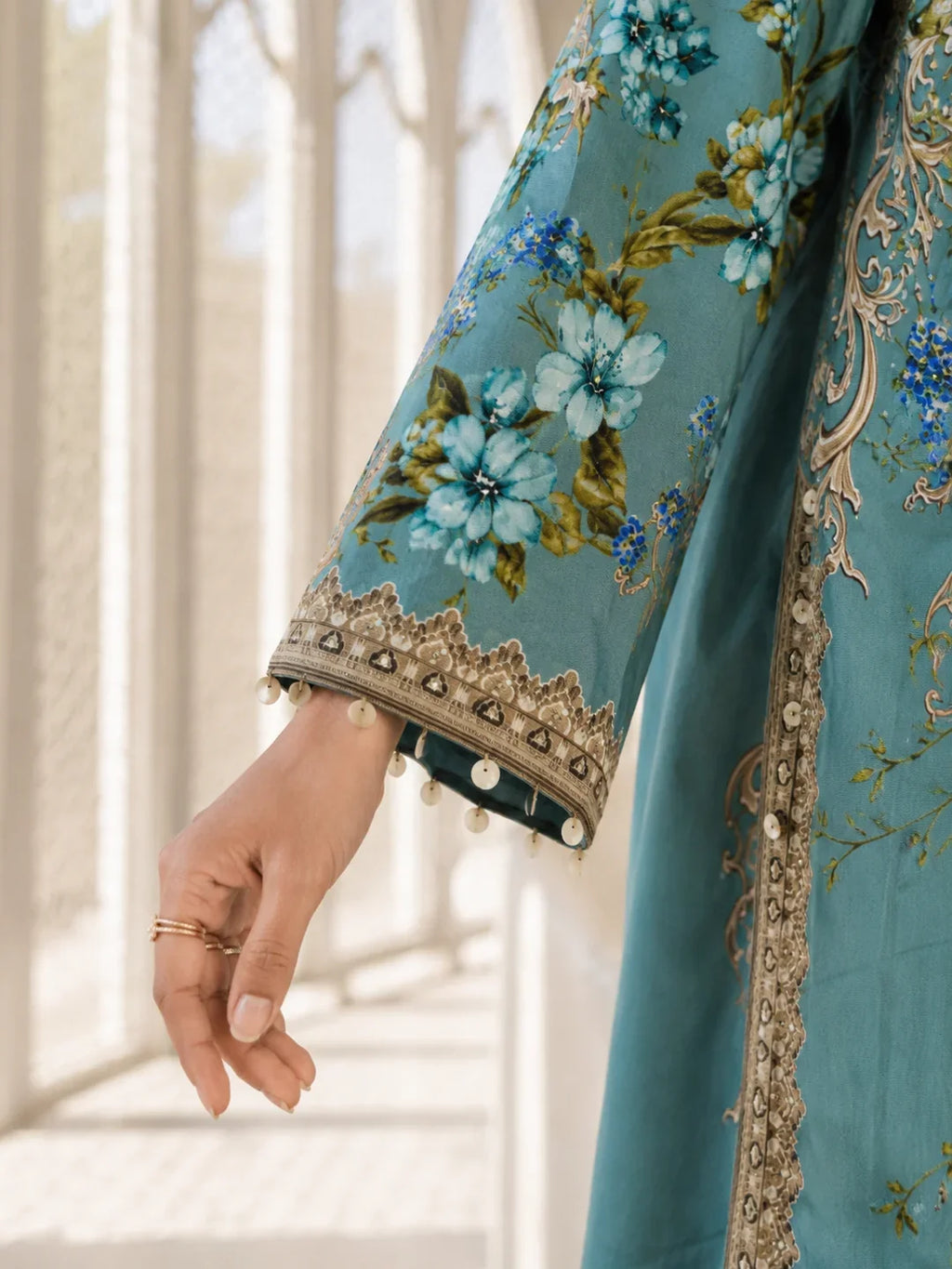 Sea Blue 3-Piece Embroidered Co-Ord Set in Crepe