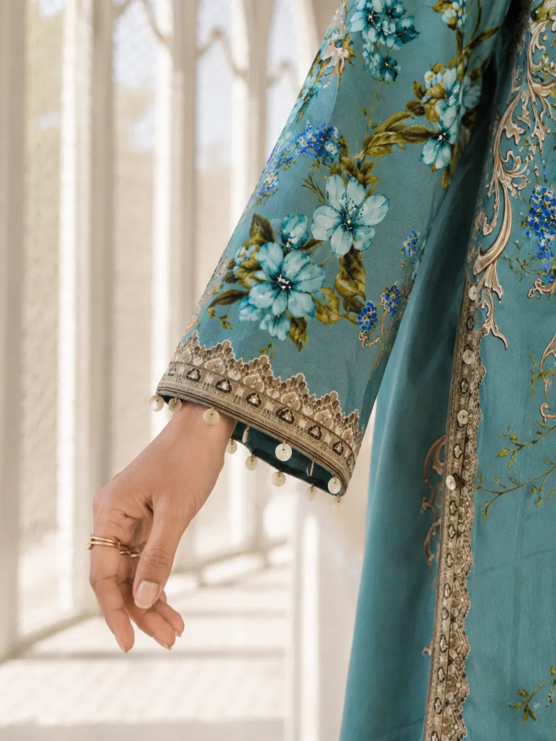 Sea Blue 3-Piece Embroidered Co-Ord Set in Crepe