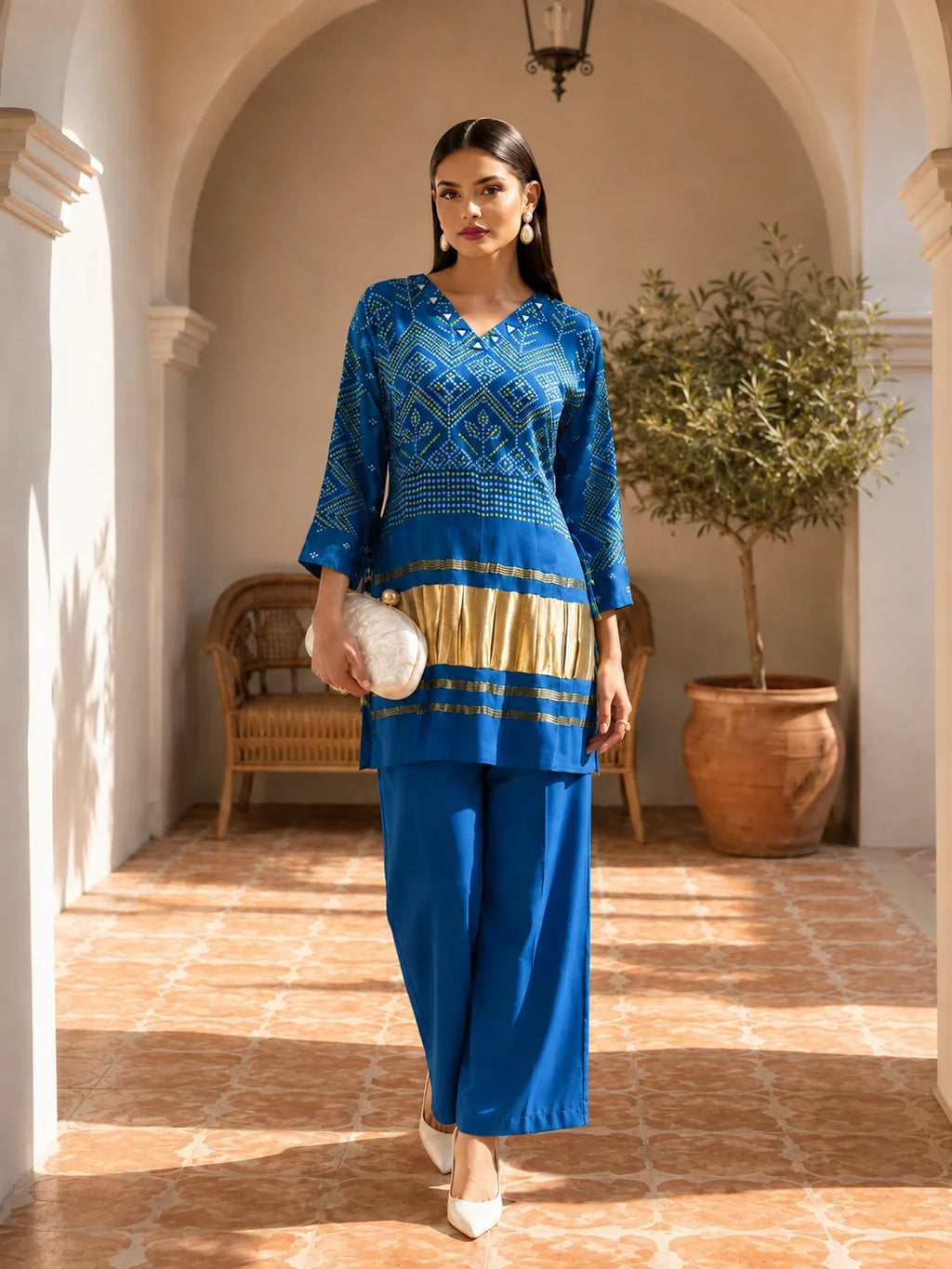 Blue Mirror Detail Bandhani Co-Ord Set with Bold Gaji Border in Gajji Silk