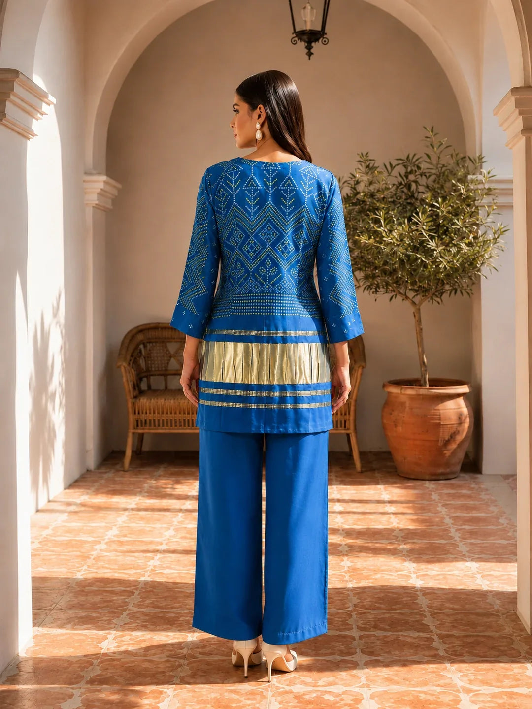 Blue Mirror Detail Bandhani Co-Ord Set with Bold Gaji Border in Gajji Silk