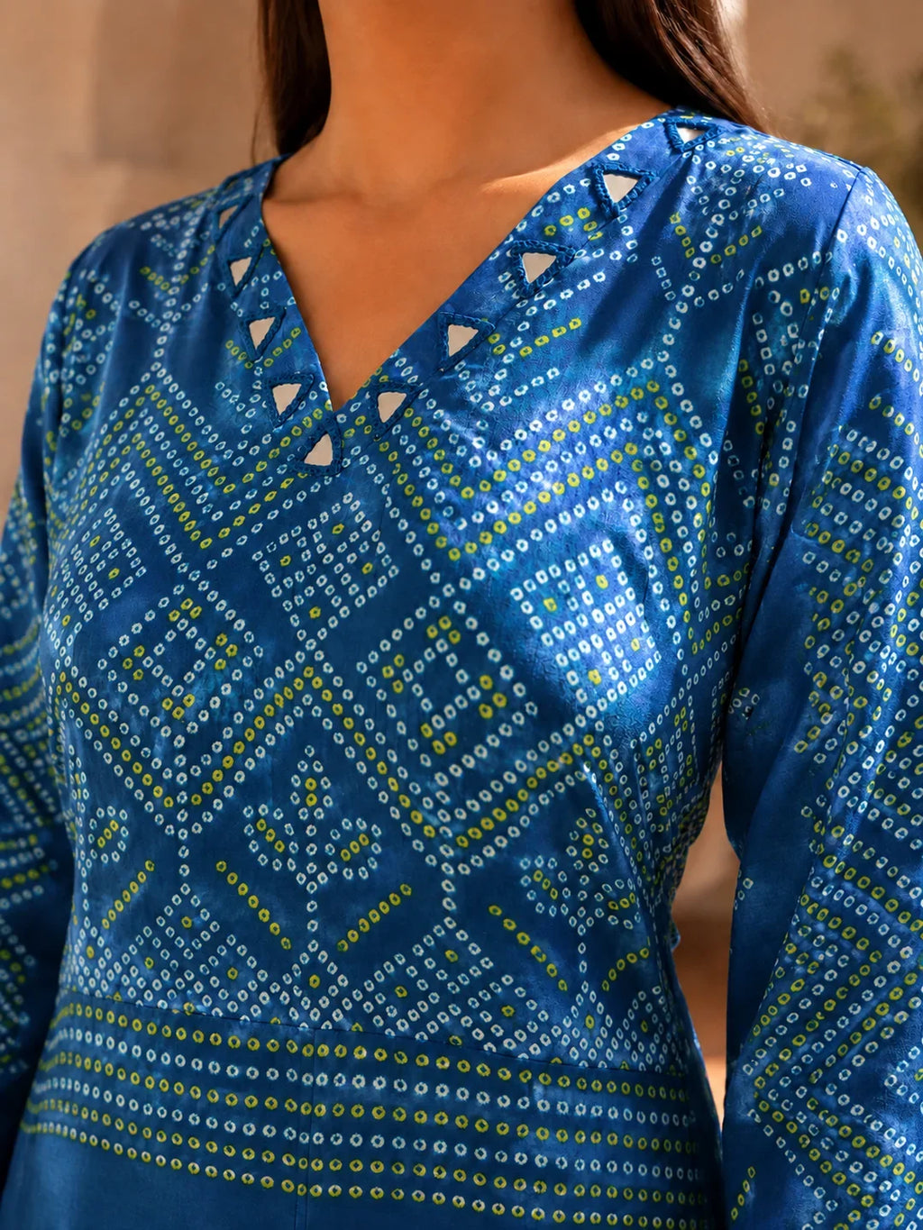 Blue Mirror Detail Bandhani Co-Ord Set with Bold Gaji Border in Gajji Silk