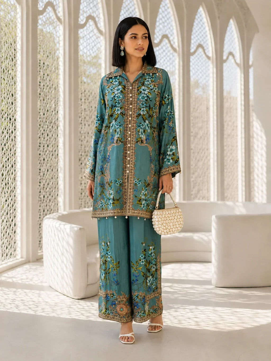 Sea Blue 3-Piece Embroidered Co-Ord Set in Crepe