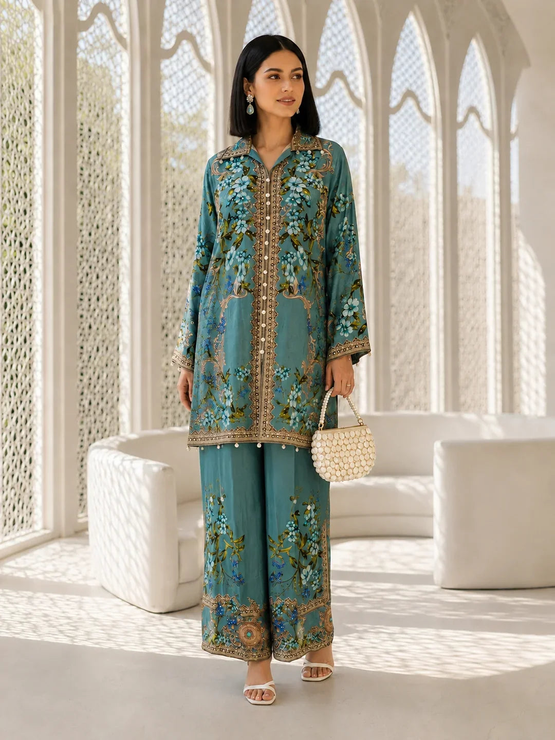 Sea Blue 3-Piece Embroidered Co-Ord Set in Crepe