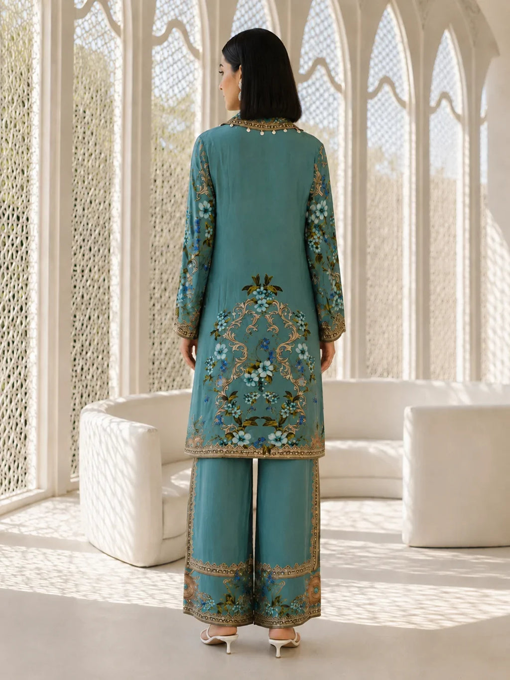 Sea Blue 3-Piece Embroidered Co-Ord Set in Crepe